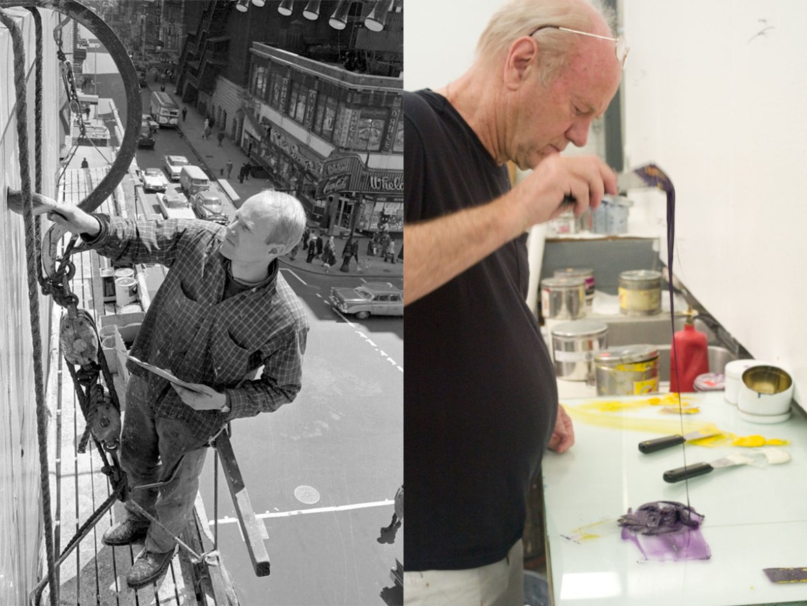 Left, James Rosenquist at work on a billboard back in the day. Right, mixing paints in 2011.